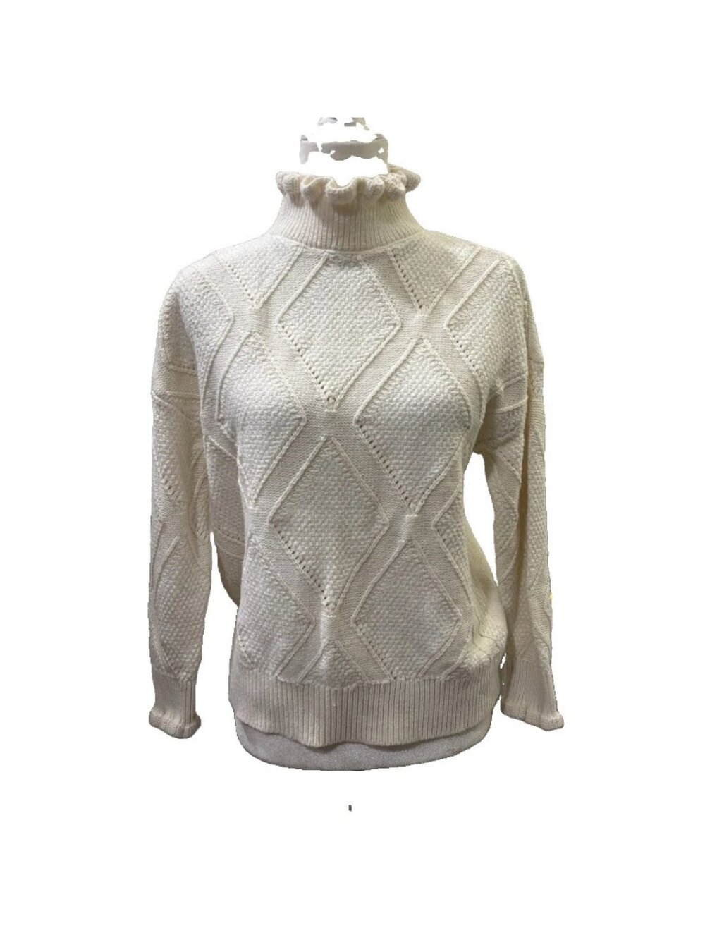 Talbots Ivory Turtleneck Ruffle cable knit preppy old money Sweater size PM